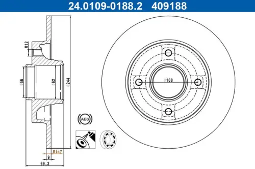 TARCZA HAM. OPEL T. CROSSLAND 1,2-1,5/1,5-1,6 TD 17- Z ŁOŻYSKIEM ABS ATE 24.0109-0188.2)