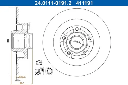 TARCZA HAM. RENAULT T. ESPACE 1,6-2,0 DCI 15-23 KPL Z ŁOŻYSKIEM ABS ATE 24.0111-0191.2)
