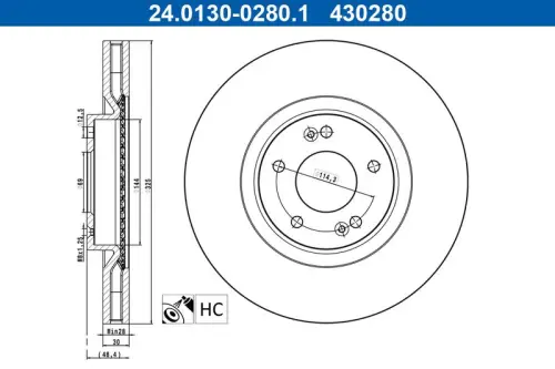 TARCZA HAM. HYUNDAI P. KONA/SANTA FE 1,0-1,6 T-GDI/2,2 CRDI 20- ATE 24.0130-0280.1)