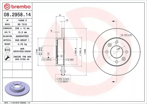 Brake Disc BREMBO 08.2958.14)
