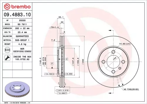 Remschijf BREMBO 09.4883.10)