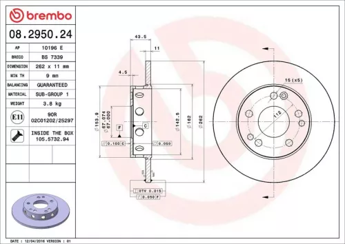 Remschijf BREMBO 08.2950.24)