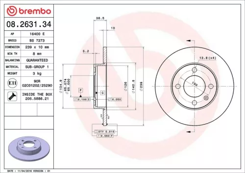 Remschijf BREMBO 08.2631.34)