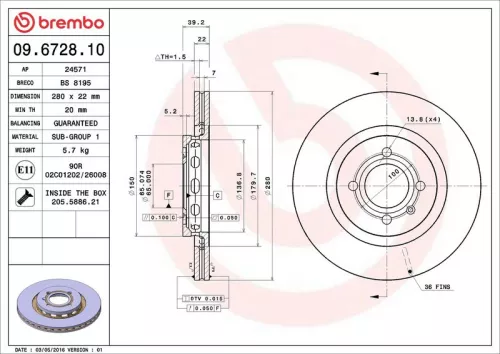 Remschijf BREMBO 09.6728.10)