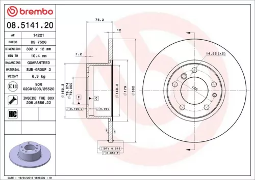 Remschijf BREMBO 08.5141.20)