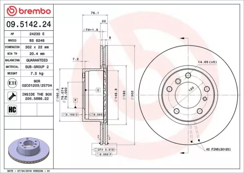 Remschijf BREMBO 09.5142.24)