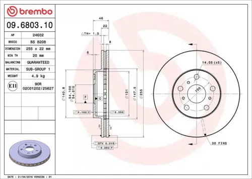 Remschijf BREMBO 09.6803.10)