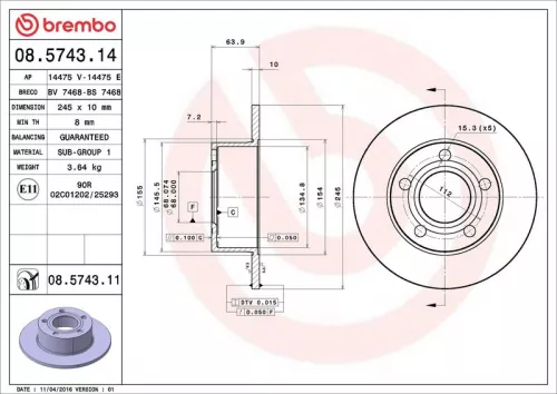 Remschijf BREMBO 08.5743.11)