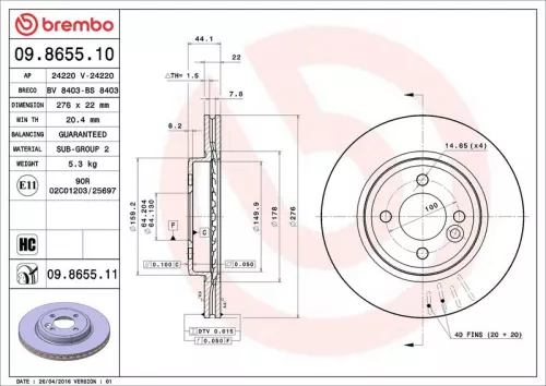 Remschijf BREMBO 09.8655.10)