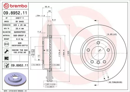Remschijf BREMBO 09.8952.11)