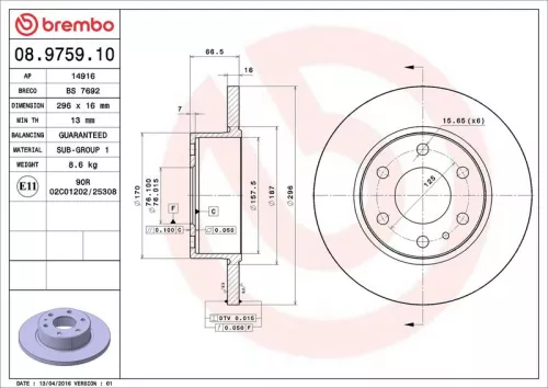 Remschijf BREMBO 08.9759.10)