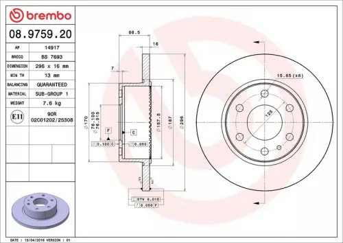 Remschijf BREMBO 08.9759.20)
