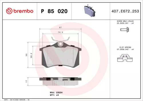 Brake Pad Set, disc brake BREMBO P 85 020)