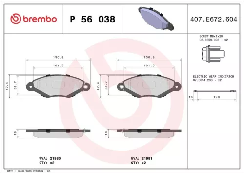 Remblokkenset, schijfrem BREMBO P 56 038)