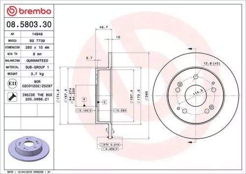 Remschijf BREMBO 08.5803.30)