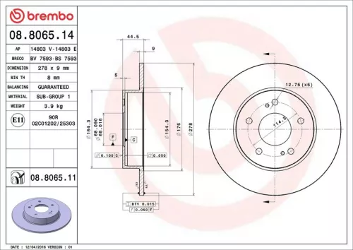 Remschijf BREMBO 08.8065.14)