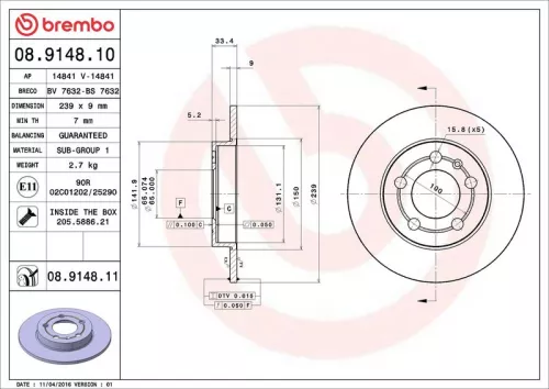 Remschijf BREMBO 08.9148.11)