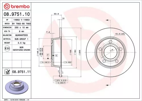 Remschijf BREMBO 08.9751.11)