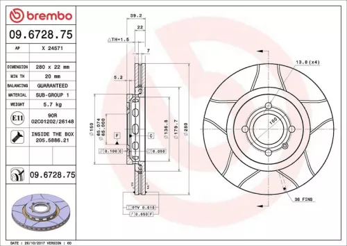 Remschijf BREMBO 09.6728.75)