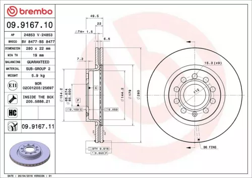 Brake Disc BREMBO 09.9167.11)