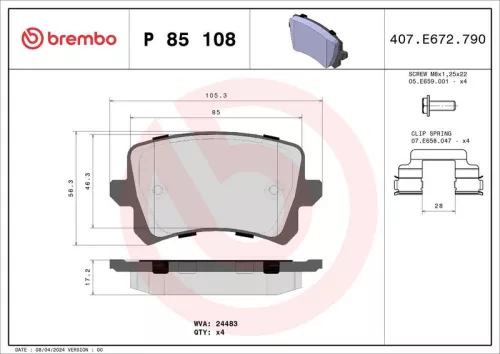 Brake Pad Set, disc brake BREMBO P 85 108)