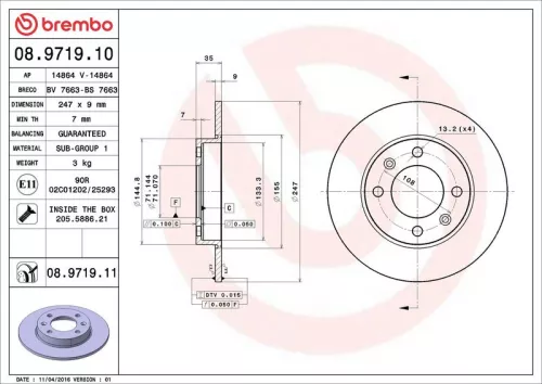 Remschijf BREMBO 08.9719.11)