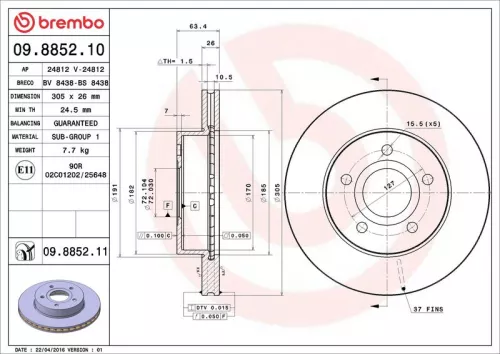 Remschijf BREMBO 09.8852.11)