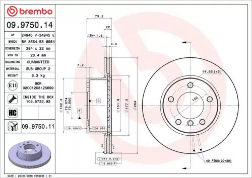 Remschijf BREMBO 09.9750.11)