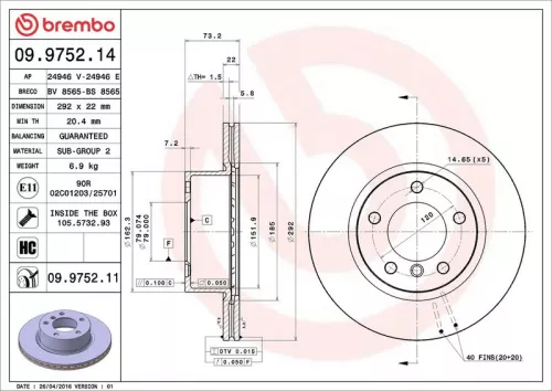 Remschijf BREMBO 09.9752.11)