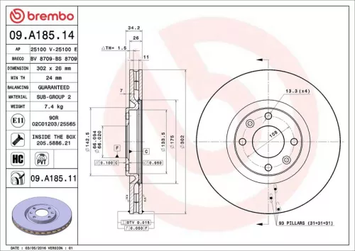 Remschijf BREMBO 09.A185.11)