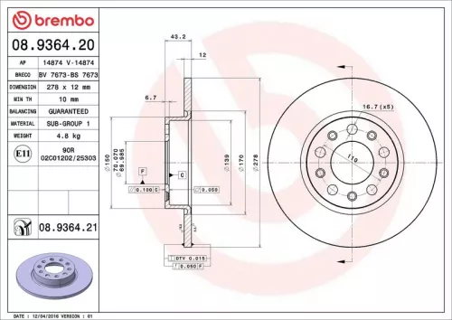 Remschijf BREMBO 08.9364.21)