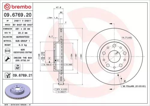 Remschijf BREMBO 09.6769.21)