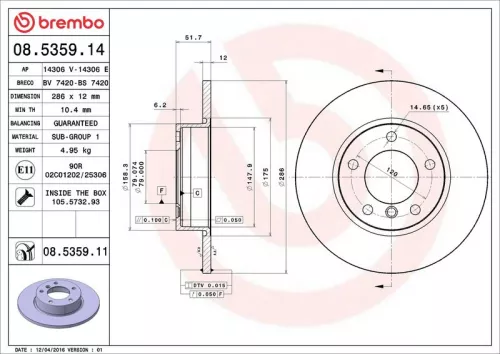 Remschijf BREMBO 08.5359.11)