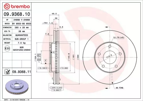 Remschijf BREMBO 09.9368.11)