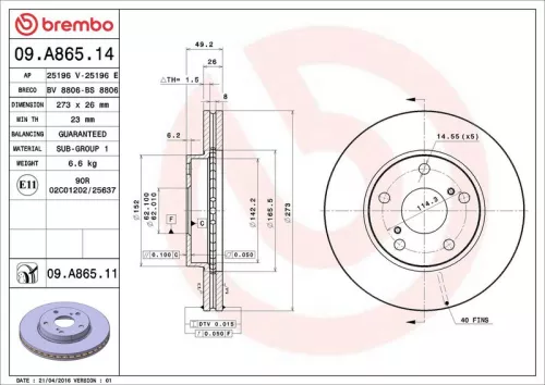 Remschijf BREMBO 09.A865.11)