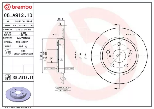 Remschijf BREMBO 08.A912.11)