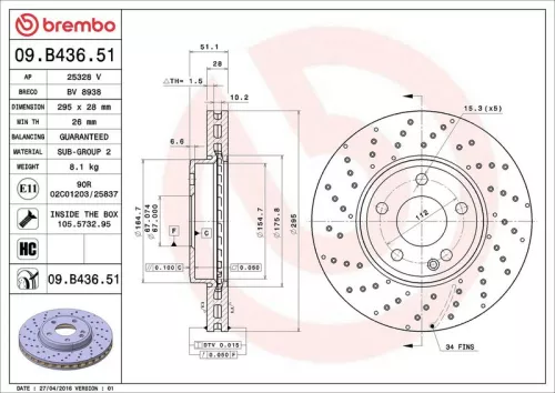 Remschijf BREMBO 09.B436.51)
