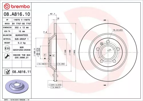 Remschijf BREMBO 08.A816.11)