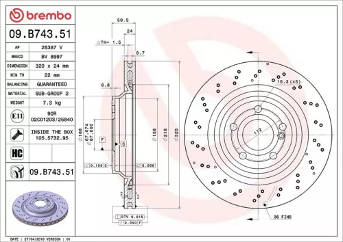 Remschijf BREMBO 09.B743.51)