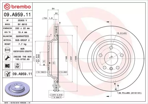 Remschijf BREMBO 09.A959.11)
