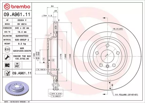 Remschijf BREMBO 09.A961.11)