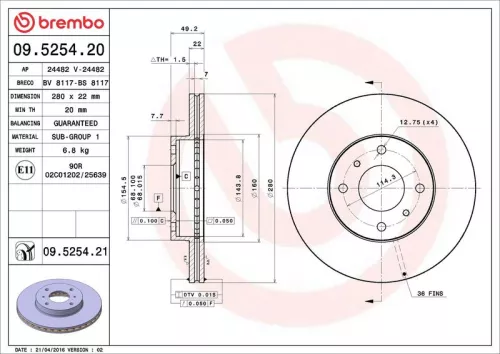 Remschijf BREMBO 09.5254.21)