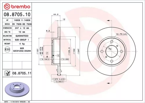 Remschijf BREMBO 08.8705.11)