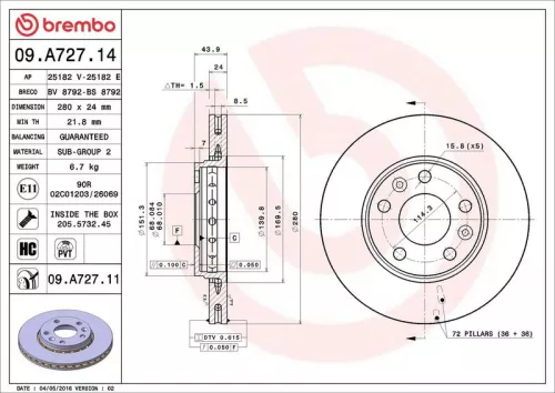 Remschijf BREMBO 09.A727.11)