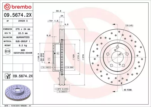 Remschijf BREMBO 09.5674.2X)