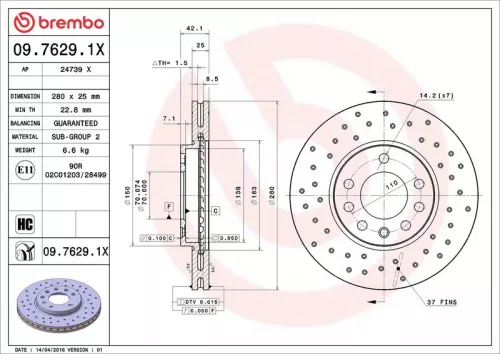 Remschijf BREMBO 09.7629.1X)