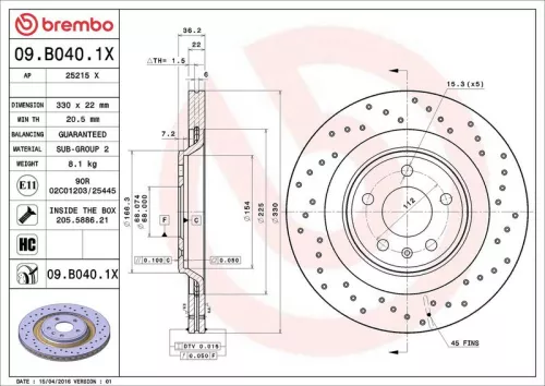 Remschijf BREMBO 09.B040.1X)