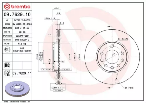 Remschijf BREMBO 09.7629.11)