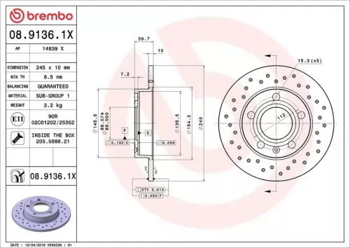 Brake Disc BREMBO 08.9136.1X)