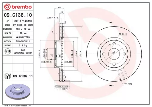 Remschijf BREMBO 09.C136.11)